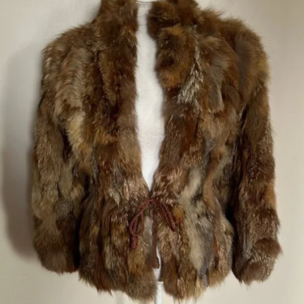 Vintage Luxurious Brown/Tan/Cream Fur Jacket with Cord Tie at Waist - Unbranded